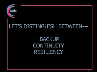 LET’S DISTINGUISH BETWEEN---  BACKUP CONTINUITY RESILIENCY 