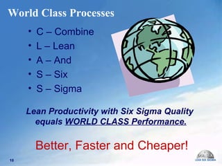 World Class Processes  C – Combine L – Lean A – And S – Six  S – Sigma  Lean Productivity with Six Sigma Quality  equals  WORLD CLASS Performance. Better, Faster and Cheaper! 