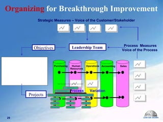 Accounting Human Resources Operations Purchasing Sales Strategic Measures – Voice of the Customer/Stakeholder  Process  Variation  Process  Measures Voice of the Process  Leadership Team Objectives Organizing  for Breakthrough Improvement  Projects 