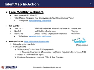 Copyright©2014, Talent Map. All rights reserved.
TalentMap In-Action 35
 Free Monthly Webinars
 Next one April 24th 12:00 EST
 TalentMap on “Engaging Your Employees with Your Organizational Vision”
 To Register: www.talentmap.com/events
 Fall Events:
 Sept 10-12 Ontario Municipal HR Association (OMHRA) Alliston, ON
 Nov 3-5 HealthAchieve Conference Toronto
 Nov 17-18 Canada Top 100 Employees Conference Vancouver
 To Register: www.talentmap.com/events
 Free Resources www.talentmap.com/resources
 Subscribe to our newsletter
 Coming months
 Whitepapers (Context Specific Engagement)
 Financial, Engineering &Technology, Healthcare, Regulatory/Government, NGO
 Video‟s 1-2 min videos on topics
 Employee Engagement checklist, FAQs & Best Practices
@talentmap
 