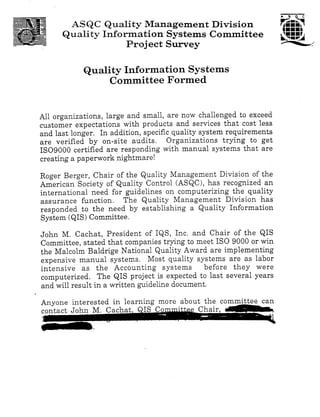 ASQ QMD Quality Information Systems Tech Committee 1992