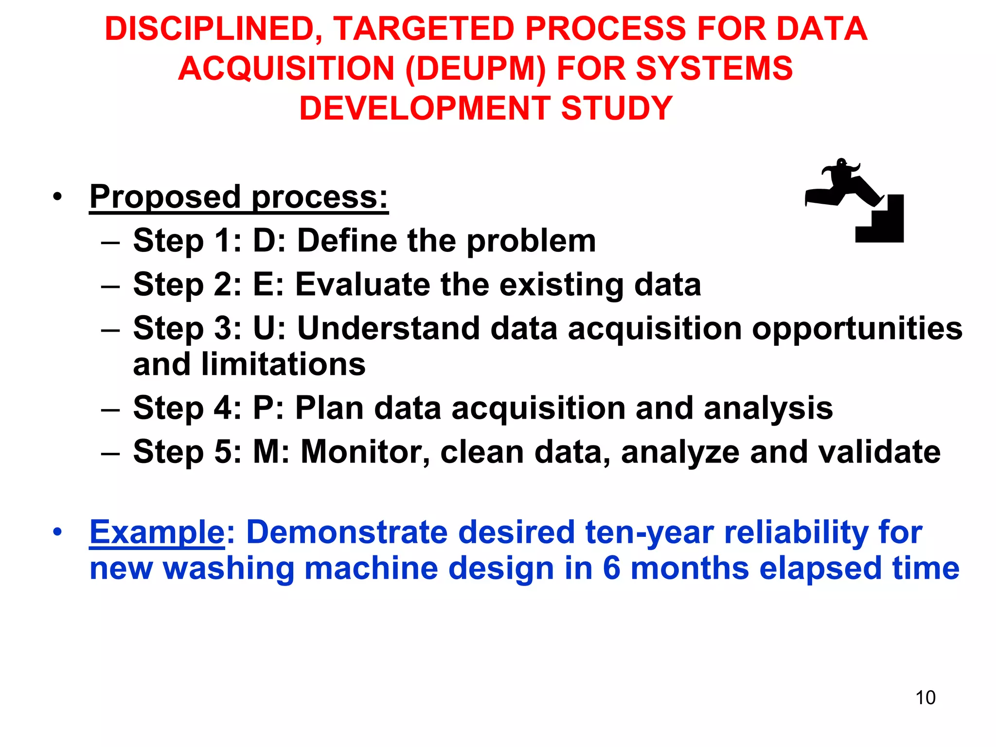 DISCIPLINED, TARGETED PROCESS FOR DATA
ACQUISITION (DEUPM) FOR SYSTEMS
DEVELOPMENT STUDY
• Proposed process:
– Step 1: D: Define the problem
– Step 2: E: Evaluate the existing data
– Step 3: U: Understand data acquisition opportunities
and limitations
– Step 4: P: Plan data acquisition and analysis
– Step 5: M: Monitor, clean data, analyze and validate
• Example: Demonstrate desired ten-year reliability for
new washing machine design in 6 months elapsed time

10

 