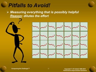 Pitfalls to Avoid!
 Measuring everything that is possibly helpful
  Reason: dilutes the effort




   Conquering the Challenge!™   12    Copyright T. M. Kubiak 1996-2010
                                     Performance Improvement Solutions
 