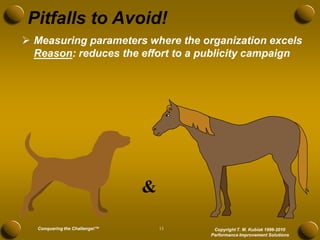 Pitfalls to Avoid!
 Measuring parameters where the organization excels
  Reason: reduces the effort to a publicity campaign




  Conquering the Challenge!™   13    Copyright T. M. Kubiak 1996-2010
                                    Performance Improvement Solutions
 