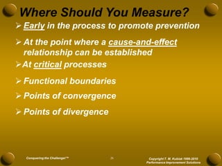 Where Should You Measure?
 Early in the process to promote prevention
 At the point where a cause-and-effect
  relationship can be established
At critical processes
 Functional boundaries
 Points of convergence
 Points of divergence




  Conquering the Challenge!™   26    Copyright T. M. Kubiak 1996-2010
                                    Performance Improvement Solutions
 
