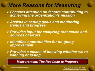 More Reasons for Measuring
 Focuses attention on factors contributing to
  achieving the organization’s mission
 Assists in setting goals and monitoring
  trends and progress
 Provides input for analyzing root cause and
  sources of errors
 Identifies opportunities for on-going
  improvement
 Provides a means of knowing whether we’re
  winning or losing
         Measurement: The Roadmap to Progress
  Conquering the Challenge!™   8    Copyright T. M. Kubiak 1996-2010
                                   Performance Improvement Solutions
 