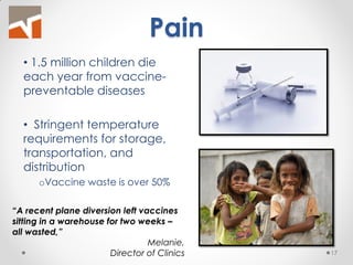 Pain 
• 1.5 million children die each year from vaccine- preventable diseases 
• Stringent temperature requirements for storage, transportation, and distribution 
oVaccine waste is over 50% 
“A recent plane diversion left vaccines sitting in a warehouse for two weeks – all wasted,” 
Melanie, 
Director of Clinics 
17  