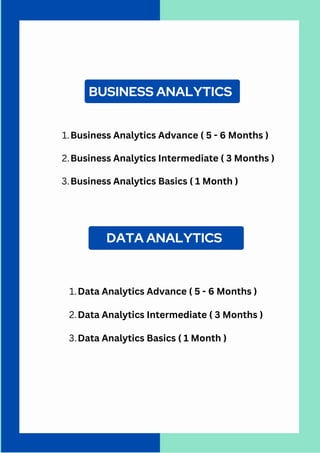 BUSINESS ANALYTICS
Business Analytics Advance ( 5 - 6 Months )
Business Analytics Intermediate ( 3 Months )
Business Analytics Basics ( 1 Month )
1.
2.
3.
DATA ANALYTICS
Data Analytics Advance ( 5 - 6 Months )
Data Analytics Intermediate ( 3 Months )
Data Analytics Basics ( 1 Month )
1.
2.
3.
 