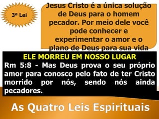 ELE MORREU EM NOSSO LUGAR
Rm 5:8 - Mas Deus prova o seu próprio
amor para conosco pelo fato de ter Cristo
morrido por nós, sendo nós ainda
pecadores.
3ª Lei
Jesus Cristo é a única solução
de Deus para o homem
pecador. Por meio dele você
pode conhecer e
experimentar o amor e o
plano de Deus para sua vida
 