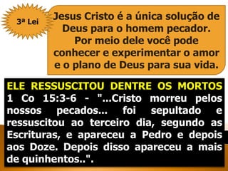 ELE RESSUSCITOU DENTRE OS MORTOS
1 Co 15:3-6 - "...Cristo morreu pelos
nossos pecados... foi sepultado e
ressuscitou ao terceiro dia, segundo as
Escrituras, e apareceu a Pedro e depois
aos Doze. Depois disso apareceu a mais
de quinhentos..".
Jesus Cristo é a única solução de
Deus para o homem pecador.
Por meio dele você pode
conhecer e experimentar o amor
e o plano de Deus para sua vida.
3ª Lei
 