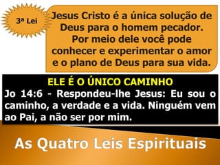 Jesus Cristo é a única solução de
Deus para o homem pecador.
Por meio dele você pode
conhecer e experimentar o amor
e o plano de Deus para sua vida.
ELE É O ÚNICO CAMINHO
Jo 14:6 - Respondeu-lhe Jesus: Eu sou o
caminho, a verdade e a vida. Ninguém vem
ao Pai, a não ser por mim.
3ª Lei
 