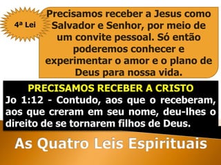 Precisamos receber a Jesus como
Salvador e Senhor, por meio de
um convite pessoal. Só então
poderemos conhecer e
experimentar o amor e o plano de
Deus para nossa vida.
PRECISAMOS RECEBER A CRISTO
Jo 1:12 - Contudo, aos que o receberam,
aos que creram em seu nome, deu-lhes o
direito de se tornarem filhos de Deus.
4ª Lei
 