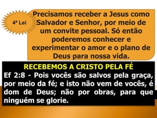 Precisamos receber a Jesus como
Salvador e Senhor, por meio de
um convite pessoal. Só então
poderemos conhecer e
experimentar o amor e o plano de
Deus para nossa vida.
4ª Lei
RECEBEMOS A CRISTO PELA FÉ
Ef 2:8 - Pois vocês são salvos pela graça,
por meio da fé; e isto não vem de vocês, é
dom de Deus; não por obras, para que
ninguém se glorie.
 
