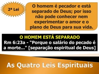 O HOMEM ESTÁ SEPARADO
Rm 6:23a - “Porque o salário do pecado é
a morte..." [separação espiritual de Deus]
O homem é pecador e está
separado de Deus; por isso
não pode conhecer nem
experimentar o amor e o
plano de Deus para sua vida.
2ª Lei
 