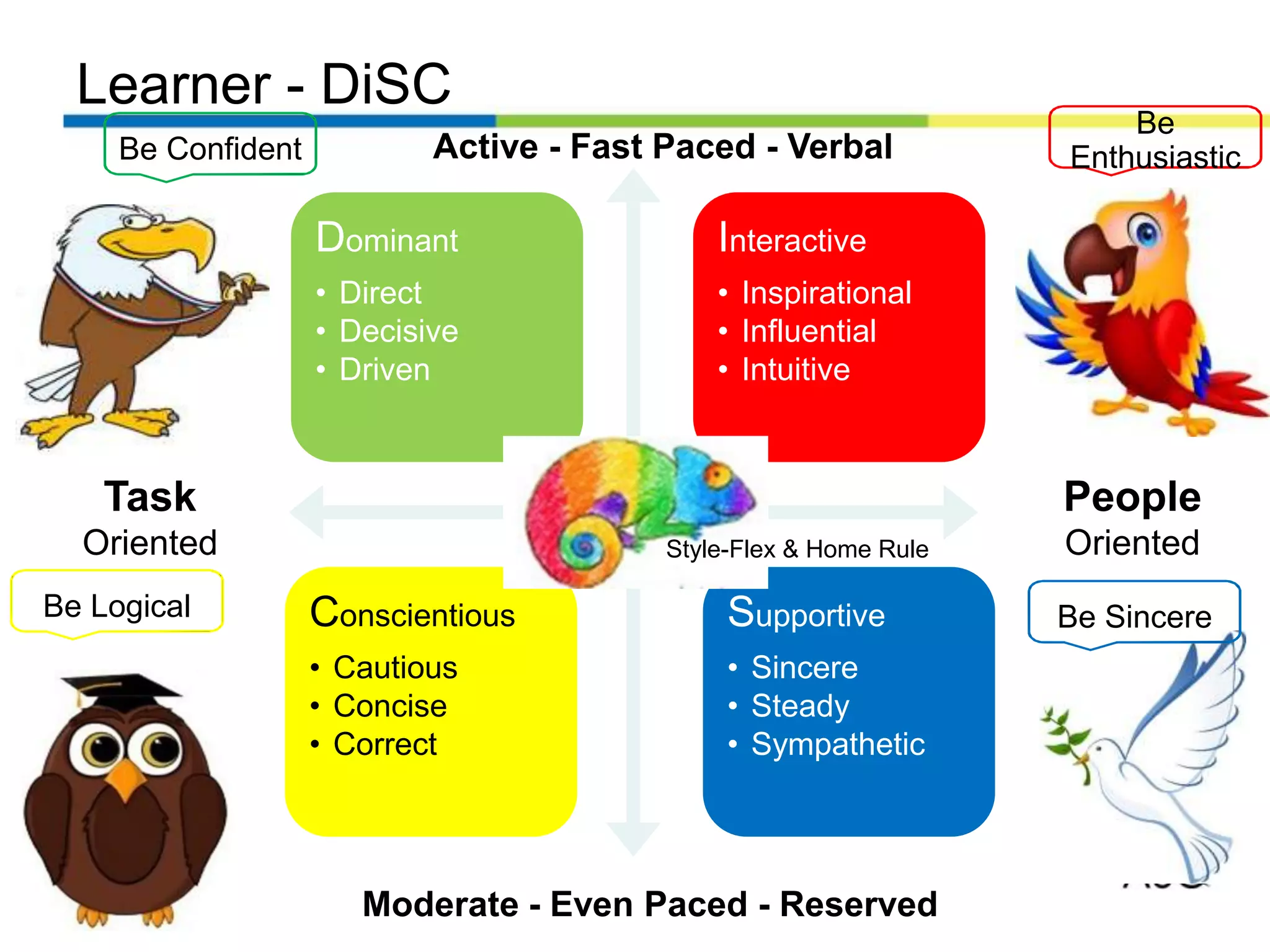 Learner - DiSC
Dominant
• Direct
• Decisive
• Driven
Interactive
• Inspirational
• Influential
• Intuitive
Supportive
• Sincere
• Steady
• Sympathetic
Conscientious
• Cautious
• Concise
• Correct
Active - Fast Paced - Verbal
Moderate - Even Paced - Reserved
People
Oriented
Task
Oriented
Be
EnthusiasticBe Confident
Be Logical Be Sincere
Style-Flex & Home Rule
 