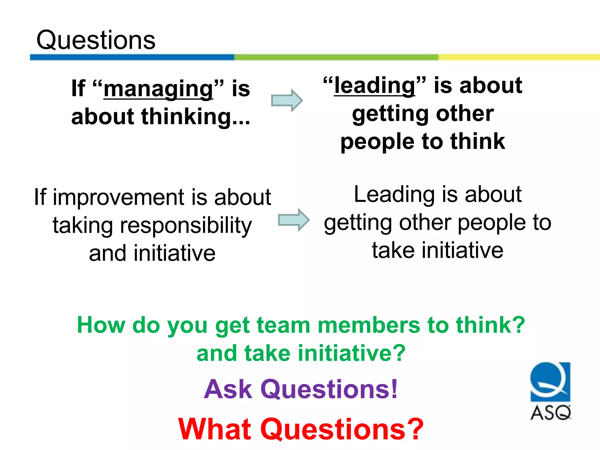 Questions
If “managing” is
about thinking...
“leading” is about
getting other
people to think
Leading is about
getting other people to
take initiative
If improvement is about
taking responsibility
and initiative
How do you get team members to think?
and take initiative?
Ask Questions!
What Questions?
 