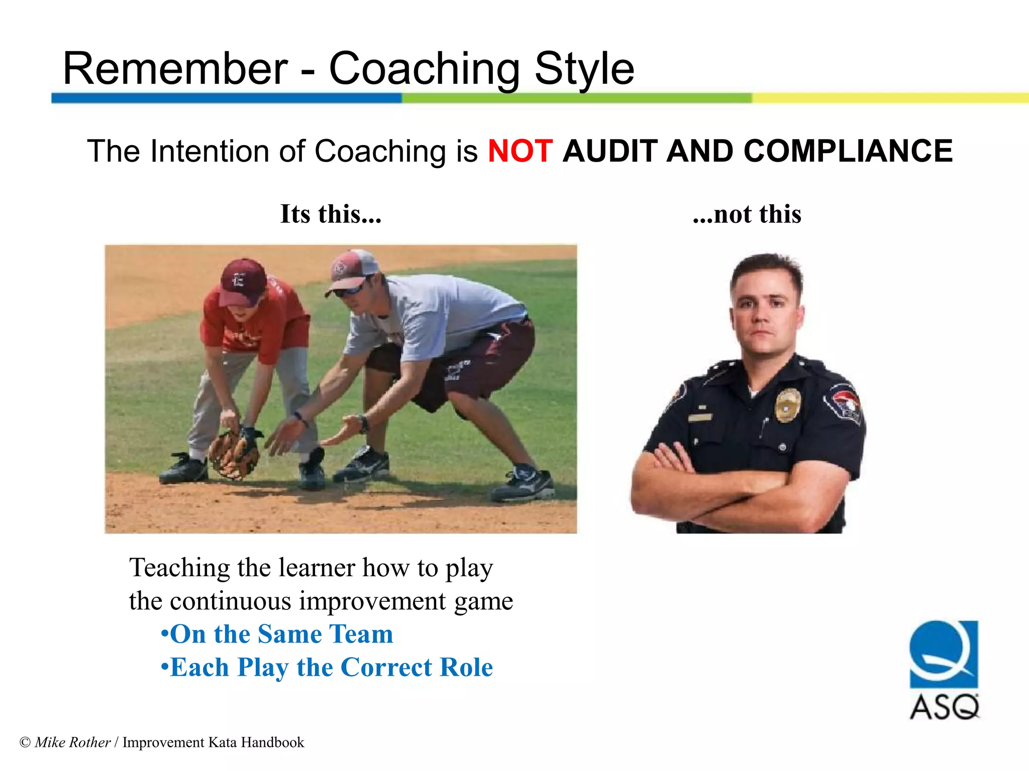 Its this... ...not this
Teaching the learner how to play
the continuous improvement game
•On the Same Team
•Each Play the Correct Role
Remember - Coaching Style
© Mike Rother / Improvement Kata Handbook
The Intention of Coaching is NOT AUDIT AND COMPLIANCE
 