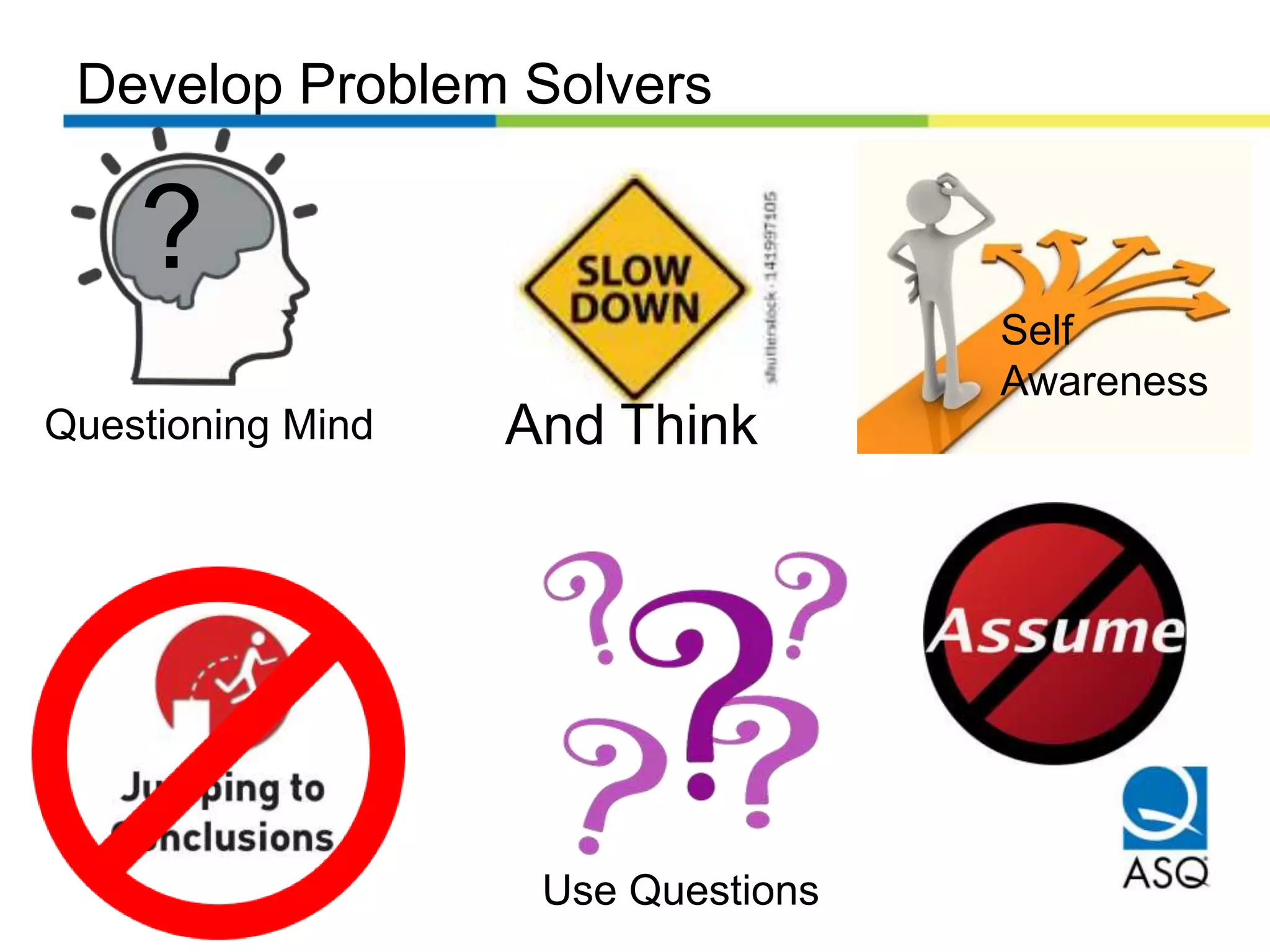 Develop Problem Solvers
Questioning Mind
?
And Think
Use Questions
Self
Awareness
 