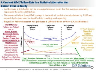 8 9000 Virginia Manor Rd. Suite 290, Beltsville MD 20705 | 301-474-0607 | www.dfrsolutions.com
A Constant MTxF/Failure Rate is a Statistical Aberration that
Doesn’t Occur in Reality
o Just because a distribution can be averaged does not mean that the average accurately
represents the entire distribution.
o The constant Failure Rate/MTxF concept is the result of statistical manipulations by 1960 era
actuarial principles used to simplify data crunching and reporting
o Physics of Failure Research has produced a Different Point of View & Classifications:
Infant Morality
Failures are Actually
due to:
Manuf. Errors.
Excessive Manuf.
Variation or
Design Errors that
Produce Defects or
Weaknesses
Can cause either
Initial Failures or
Latent Failures
Throughout Life
(Correlates to the
Safety Enrg. Definition
of Systematic Failures
In Weak Designs
Wear Out
Failure
Mechanisms
Can Start
Prematurely
Also Correlates
to the Safety
Enrg. Definition
of Random
“True” Random Failures are Due to Chance Encounters with “Overstress” Conditions
that Exceeds the Capabilities/Strength of the Device (Pot Holes, EOS, Vehicle Impacts)
- In Well Designed Products Random Failure are Rare Attributable to
“Acts of God or War”
 