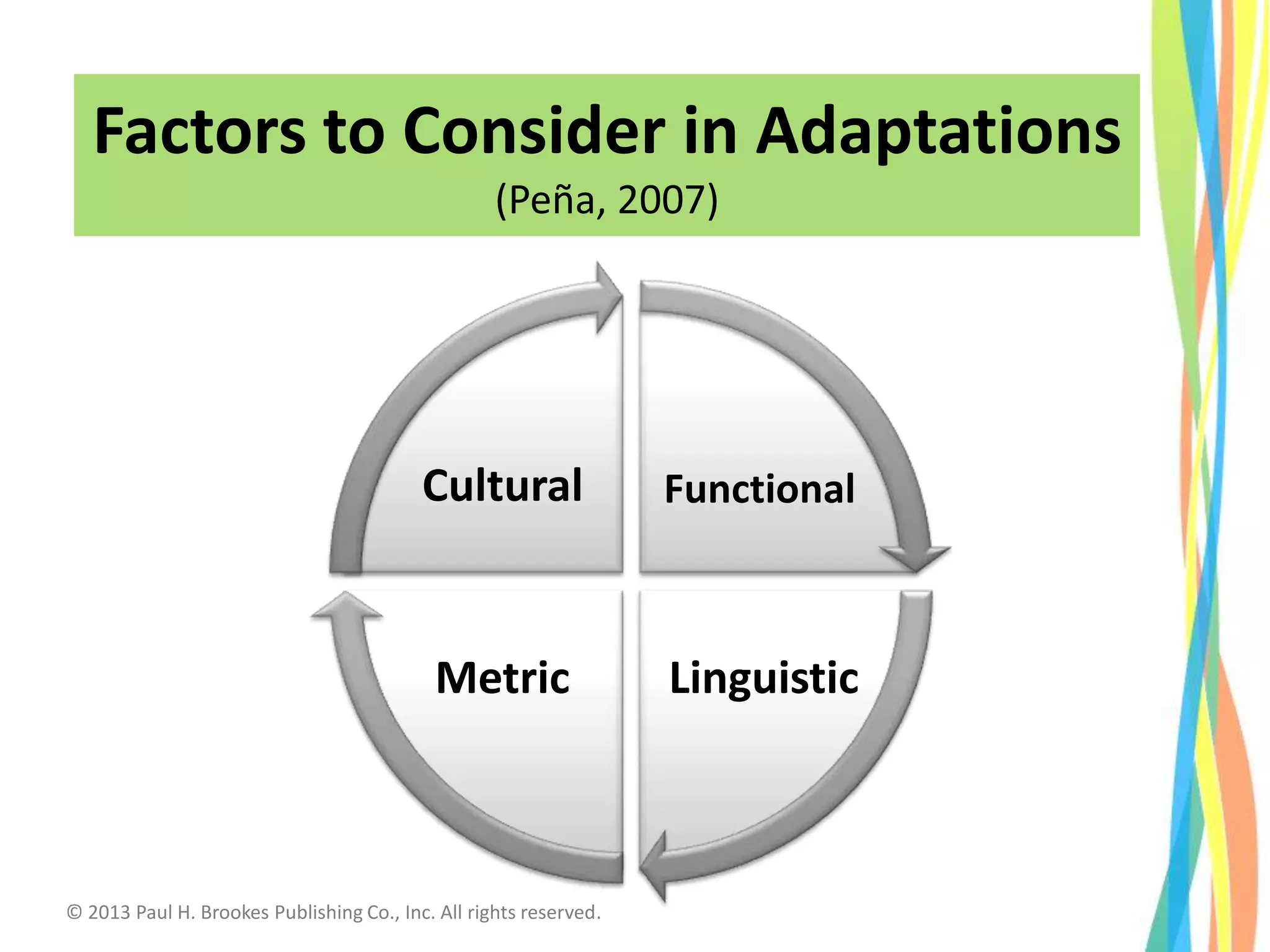 Functional
LinguisticMetric
Cultural
28
Factors to Consider in Adaptations
(Peña, 2007)
© 2013 Paul H. Brookes Publishing Co., Inc. All rights reserved.
 