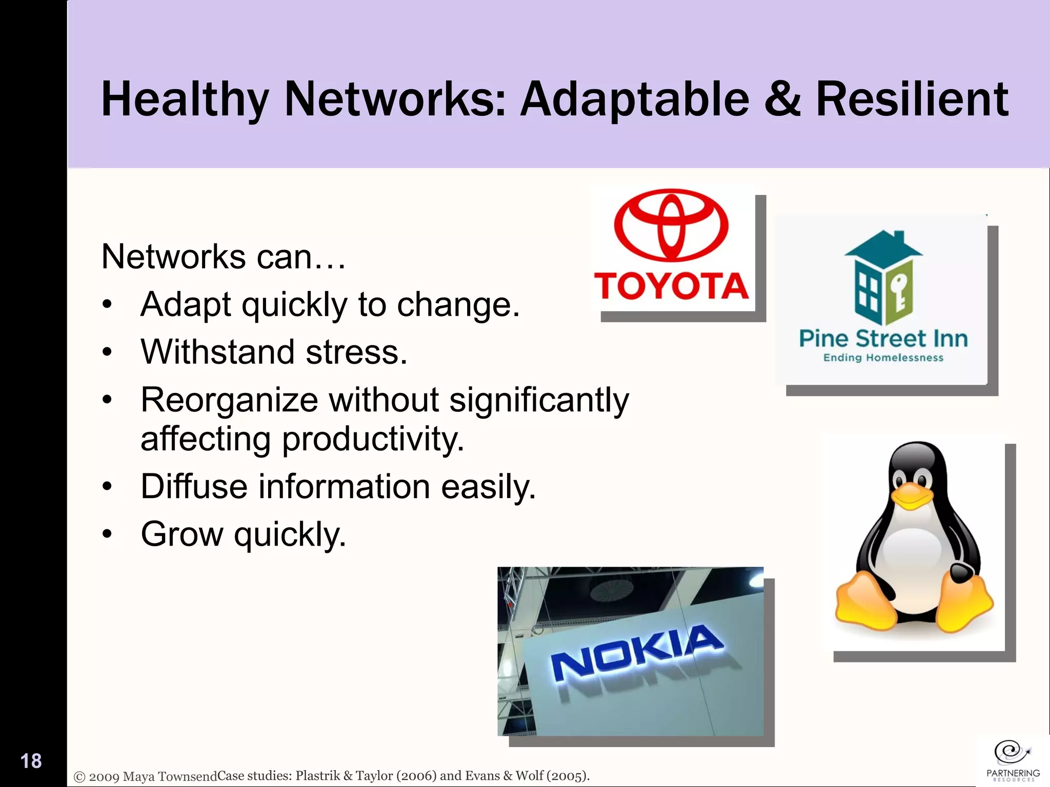 Healthy Networks: Adaptable & Resilient Networks can… Adapt quickly to change. Withstand stress. Reorganize without significantly affecting productivity. Diffuse information easily. Grow quickly. Case studies: Plastrik & Taylor (2006) and Evans & Wolf (2005). 