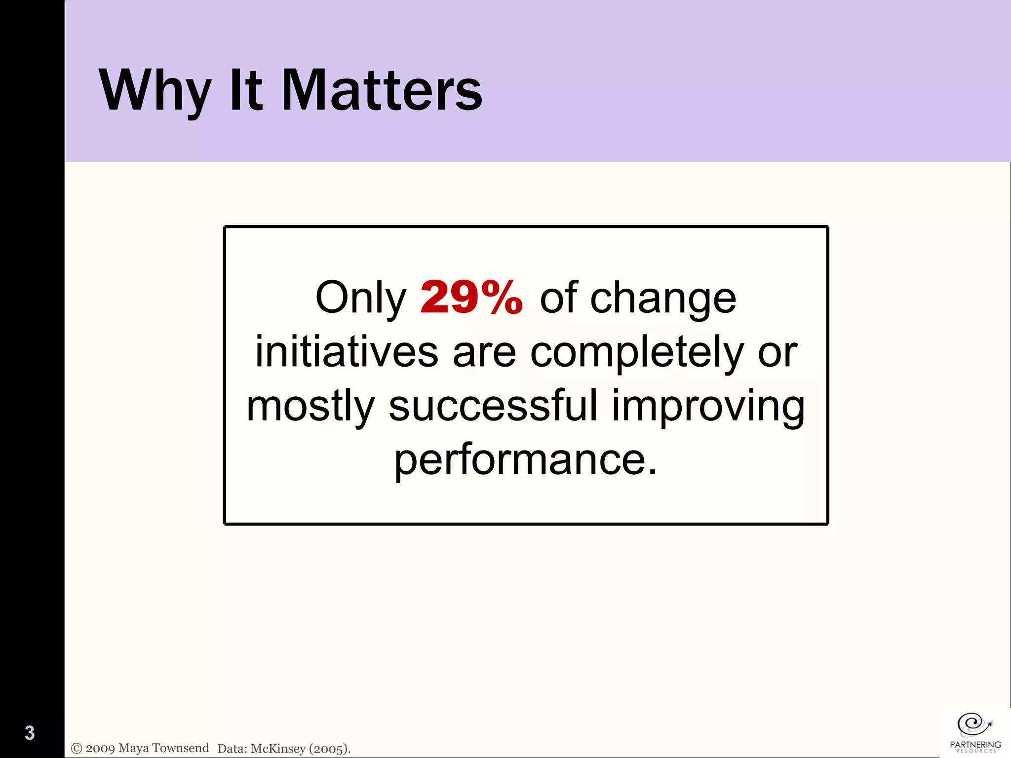 Why It Matters Data: McKinsey (2005). Only  29%  of change initiatives are completely or mostly successful improving performance. 