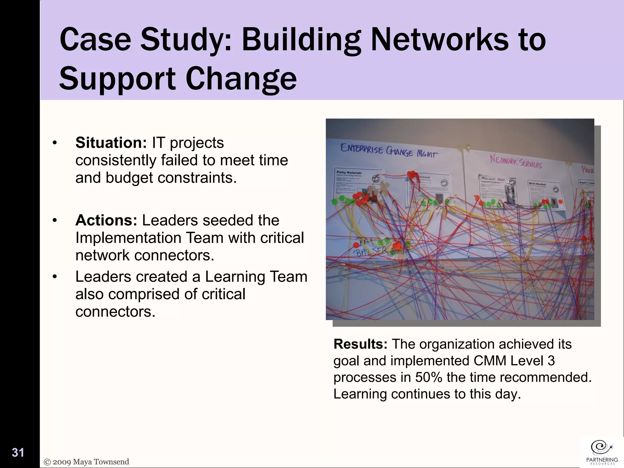 Case Study: Building Networks to Support Change Situation:  IT projects consistently failed to meet time and budget constraints.  Actions:  Leaders seeded the Implementation Team with critical network connectors.  Leaders created a Learning Team also comprised of critical connectors.  Results:  The organization achieved its goal and implemented CMM Level 3 processes in 50% the time recommended. Learning continues to this day.  © 2009 Maya Townsend  