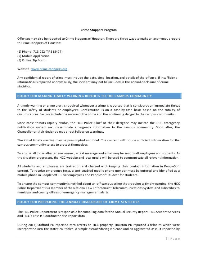 hcc police department 2018 annual clery security report houston police department incident report