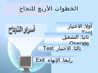 ‫الخطوات الربع للنجاح‬
‫أول : الختبار‬
‫‪Test‬‬
‫ثانيا : التشغيل‬
‫‪Operate‬‬
‫ثالثا : الختبار ‪Test‬‬
‫رابعا : النهاء ‪Exit‬‬

 
