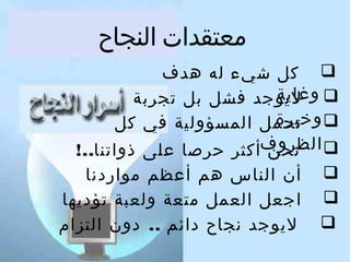 ‫معتقدات النجاح‬
‫‪ ‬كل شيء له هدف‬
‫وغاية‬
‫‪ ‬ليوتجد فشل بل تجربة‬
‫وخبرة‬
‫‪ ‬تحمل المسؤولية في كل‬
‫‪ ‬الظروفأكثر حرصا على ذواتنا..!‬
‫نحن‬
‫‪ ‬أن الناس هم أعظم مواردنا‬
‫‪ ‬اتجعل العمل متعة ولعبة تؤديها‬
‫‪ ‬ليوتجد نجاح دائم .. دون التزام‬

 