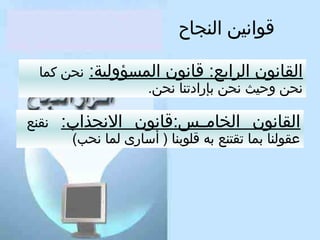 ‫قوانين النجاح‬
‫القانون الرابع: قانون المسؤلولية:‬

‫نحن لوحيث نحن بإرادتنا نحن.‬

‫نحن كما‬

‫القانون الخامننس:قانون النجذاب:‬
‫عقولنا بما تقتنع به قلوبنا ) أسارى لما نحب(‬

‫نقنع‬

 