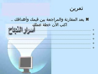 ‫تمرين‬
‫بعد المقارنة لوالمراجعة بين قيمك لوأهدافك ..‬
‫اكتب الن خطة عملك‬
‫‪...………………………………………………………………………………………………… o‬‬

‫‪...……………………………………………………………………………………… o‬‬
‫‪..……………………………………………………………………………………… o‬‬
‫‪...……………………………………………………………………………………… o‬‬
‫‪....……………………………………………………………………………………… o‬‬

 