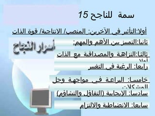 ‫سمة للناجح 51‬
‫ألول:التأثير في الخرين: المنصب/ النتاجية/ قوة الذا ت‬
‫ثانيا:التمييز بين الهم لوالمهم:‬
‫ثالثنا:النزاهنة لوالمصنداقية مع الذا ت‬
‫ألول‬
‫رابعا: الرغبة في التغيير‬
‫خامسنا: البراعنة فني مواجهنة لوحل‬
‫المشكل ت‬
‫سادسا: اليجابية )التفاؤل لوالتشاؤم(‬
‫سابعا: النضباطية لواللتزام‬

 
