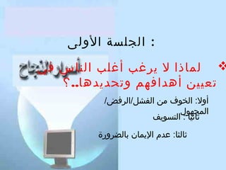 ‫: الجلسة الولى‬

‫‪ ‬لماذا ل يرغب أغلب الناس في‬
‫تعيين أهدافهم وتحديدها.. ؟‬
‫أول : الخوف من الفشل/الرفض/‬
‫المجهول‬
‫ثانيا  : التسويف‬
‫ثالثا : عدم اليمان بالضرورة‬

 
