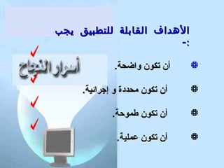 ‫الهداف القابلة للتطبيق يجب‬
‫:-‬
‫‪‬‬

‫أن تكون واضحة.‬

‫‪‬‬

‫أن تكون محددة و إجرائية.‬

‫‪‬‬

‫أن تكون طموحة.‬

‫‪‬‬

‫أن تكون عملية.‬

 