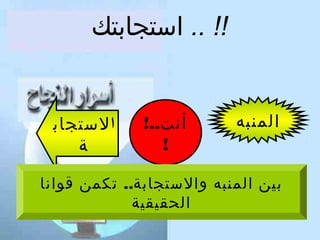 ‫!! .. استجابتك‬
‫المنبه‬

‫أنت..!‬
‫!‬

‫ا لستجاب‬
‫ة‬

‫بين المنبه والستجابة.. تكمن قوانا‬
‫الحقيقية‬

 