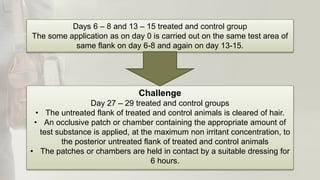 Days 6 – 8 and 13 – 15 treated and control group
The some application as on day 0 is carried out on the same test area of
same flank on day 6-8 and again on day 13-15.
Challenge
Day 27 – 29 treated and control groups
• The untreated flank of treated and control animals is cleared of hair.
• An occlusive patch or chamber containing the appropriate amount of
test substance is applied, at the maximum non irritant concentration, to
the posterior untreated flank of treated and control animals
• The patches or chambers are held in contact by a suitable dressing for
6 hours.
 