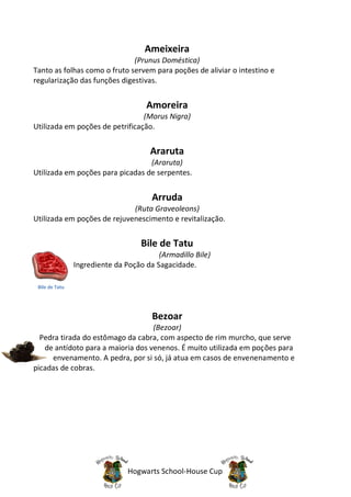 Ameixeira
                              (Prunus Doméstica)
Tanto as folhas como o fruto servem para poções de aliviar o intestino e
regularização das funções digestivas.


                                     Amoreira
                                 (Morus Nigra)
Utilizada em poções de petrificação.


                                      Araruta
                                  (Araruta)
Utilizada em poções para picadas de serpentes.


                                       Arruda
                             (Ruta Graveoleons)
Utilizada em poções de rejuvenescimento e revitalização.


                                    Bile de Tatu
                                         (Armadillo Bile)
                Ingrediente da Poção da Sagacidade.

 Bile de Tatu




                                       Bezoar
                                   (Bezoar)
  Pedra tirada do estômago da cabra, com aspecto de rim murcho, que serve
   de antídoto para a maioria dos venenos. É muito utilizada em poções para
     envenamento. A pedra, por si só, já atua em casos de envenenamento e
picadas de cobras.




                                Hogwarts School-House Cup
 