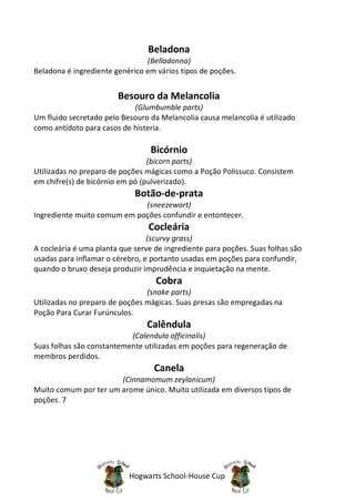 Beladona
                                (Belladonna)
Beladona é ingrediente genérico em vários tipos de poções.


                        Besouro da Melancolia
                            (Glumbumble parts)
Um fluido secretado pelo Besouro da Melancolia causa melancolia é utilizado
como antídoto para casos de histeria.

                                  Bicórnio
                                 (bicorn parts)
Utilizadas no preparo de poções mágicas como a Poção Polissuco. Consistem
em chifre(s) de bicórnio em pó (pulverizado).
                             Botão-de-prata
                             (sneezewort)
Ingrediente muito comum em poções confundir e entontecer.
                                 Cocleária
                                 (scurvy grass)
A cocleária é uma planta que serve de ingrediente para poções. Suas folhas são
usadas para inflamar o cérebro, e portanto usadas em poções para confundir,
quando o bruxo deseja produzir imprudência e inquietação na mente.
                                   Cobra
                                (snake parts)
Utilizadas no preparo de poções mágicas. Suas presas são empregadas na
Poção Para Curar Furúnculos.
                                Calêndula
                           (Calendula officinalis)
Suas folhas são constantemente utilizadas em poções para regeneração de
membros perdidos.
                                   Canela
                       (Cinnamomum zeylanicum)
Muito comum por ter um arome único. Muito utilizada em diversos tipos de
poções. 7




                           Hogwarts School-House Cup
 