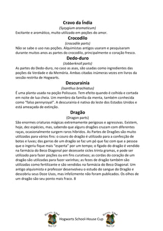 Cravo da Índia
                           (Syzygium aromaticum)
Excitante e aromático, muito utilizado em poções do amor.
                                 Crocodilo
                               (crocodile parts)
Não se sabe o uso nas poções. Alquimistas antigos usaram e pesquisaram
durante muitos anos as partes do crocodilo, principalmente o coração fresco.
                                Dedo-duro
                             (Jobberknoll parts)
As partes do Dedo-duro, no caso as asas, são usadas como ingredientes das
poções da Verdade e da Memória. Ambas citadas inúmeras vezes em livros da
sessão restrita de Hogwarts.
                               Descurainia
                            (Isanthus brachiatus)
É uma planta usada na poção Polissuco. Tem efeito quando é colhida e cortada
em noite de lua cheia. Um membro da família da menta, também conhecida
como “falso pennyroyal”. A descurainia é nativa do leste dos Estados Unidos e
está ameaçada de extinção.
                                  Dragão
                                   (Dragon parts)
São enormes criaturas mágicas extremamente perigosas e agressivas. Existem,
hoje, dez espécies, mas, sabendo que alguns dragões cruzam com diferentes
raças, ocasionalmente surgem raros híbridos. As Partes de Dragões são muito
utilizadas para vários fins: o couro do dragão é utilizado para a confecção de
botas e luvas; das garras de um dragão se faz um pó que faz com que a pessoa
que o ingeriu fique mais “esperta” por um tempo; o fígado do dragão é vendido
na farmácia do Beco Diagonal por dezessete sicles trinta gramas, e pode ser
utilizado para fazer poções ou em fins curativos; as cordas do coração de um
dragão são utilizadas para fazer varinhas; as fezes de dragão também são
utilizadas como fertilizante e são vendidas na farmácia do Beco Diagonal. Um
antigo alquismista e professor desenvolveu o estudo do sangue do Dragão e
descobriu seus Doze Usos, mas infelizmente não foram publicados. Os olhos de
um dragão são seu ponto mais fraco. 8




                           Hogwarts School-House Cup
 