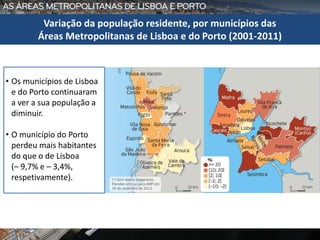 • Os municípios de Lisboa
e do Porto continuaram
a ver a sua população a
diminuir.
• O município do Porto
perdeu mais habitantes
do que o de Lisboa
(– 9,7% e – 3,4%,
respetivamente).
Variação da população residente, por municípios das
Áreas Metropolitanas de Lisboa e do Porto (2001-2011)
 