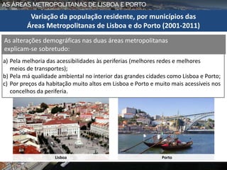 Lisboa Porto
a) Pela melhoria das acessibilidades às periferias (melhores redes e melhores
meios de transportes);
b) Pela má qualidade ambiental no interior das grandes cidades como Lisboa e Porto;
c) Por preços da habitação muito altos em Lisboa e Porto e muito mais acessíveis nos
concelhos da periferia.
Variação da população residente, por municípios das
Áreas Metropolitanas de Lisboa e do Porto (2001-2011)
As alterações demográficas nas duas áreas metropolitanas
explicam-se sobretudo:
 