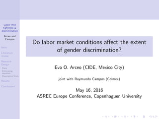 Labor mkt
tightness &
discrimination
Arceo and
Campos
Intro
Literature
review
Research
Design
Data
Estimating
equation
Descriptive Stats
Results
Conclusions
Do labor market conditions a¤ect the extent
of gender discrimination?
Eva O. Arceo (CIDE, Mexico City)
joint with Raymundo Campos (Colmex)
May 16, 2016
ASREC Europe Conference, Copenhaguen University
 