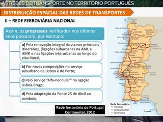 Assim, os progressos verificados nos últimos
anos passaram, por exemplo:
a) Pela renovação integral da via nos principais
itinerários, (ligações suburbanas na AML e
AMP, e nas ligações interurbanas ao longo do
eixo litoral;
b) Por novas composições no serviço
suburbano de Lisboa e do Porto;
Rede ferroviária de Portugal
Continental, 2012
II – REDE FERROVIÁRIA NACIONAL
DISTRIBUIÇÃO ESPACIAL DAS REDES DE TRANSPORTES
c) Pelo serviço “Alfa-Pendular” na ligação
Lisboa-Braga;
d) Pela adaptação da Ponte 25 de Abril ao
comboio;
 