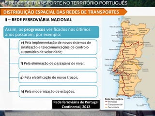 Assim, os progressos verificados nos últimos
anos passaram, por exemplo:
e) Pela implementação de novos sistemas de
sinalização e telecomunicações de controlo
automático de velocidade;
f) Pela eliminação de passagens de nível;
Rede ferroviária de Portugal
Continental, 2012
II – REDE FERROVIÁRIA NACIONAL
DISTRIBUIÇÃO ESPACIAL DAS REDES DE TRANSPORTES
g) Pela eletrificação de novos troços;
h) Pela modernização de estações.
 
