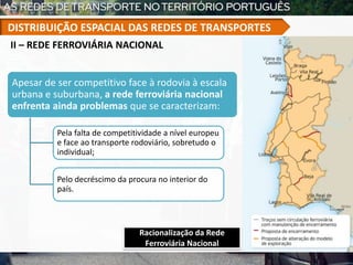 Racionalização da Rede
Ferroviária Nacional
Apesar de ser competitivo face à rodovia à escala
urbana e suburbana, a rede ferroviária nacional
enfrenta ainda problemas que se caracterizam:
Pela falta de competitividade a nível europeu
e face ao transporte rodoviário, sobretudo o
individual;
Pelo decréscimo da procura no interior do
país.
II – REDE FERROVIÁRIA NACIONAL
DISTRIBUIÇÃO ESPACIAL DAS REDES DE TRANSPORTES
 