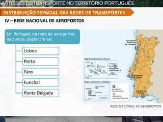 REDE NACIONAL DE AEROPORTOS
Em Portugal, na rede de aeroportos
nacionais, destacam-se:
Lisboa
Porto
Faro
Funchal
Ponta Delgada
IV – REDE NACIONAL DE AEROPORTOS
DISTRIBUIÇÃO ESPACIAL DAS REDES DE TRANSPORTES
 