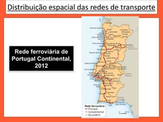 Distribuição espacial das redes de transporte
Rede ferroviária de
Portugal Continental,
2012
 