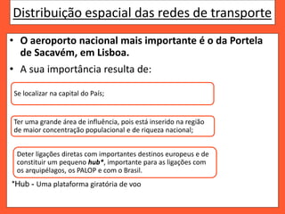 Distribuição espacial das redes de transporte
• O aeroporto nacional mais importante é o da Portela
de Sacavém, em Lisboa.
• A sua importância resulta de:
*Hub - Uma plataforma giratória de voo
Se localizar na capital do País;
Ter uma grande área de influência, pois está inserido na região
de maior concentração populacional e de riqueza nacional;
Deter ligações diretas com importantes destinos europeus e de
constituir um pequeno hub*, importante para as ligações com
os arquipélagos, os PALOP e com o Brasil.
 