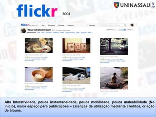Alta Interatividade, pouca instantaneidade, pouca mobilidade, pouca maleabilidade (No
início), maior espaço para publicações – Licenças de utilização mediante créditos, criação
de álbuns.
2004
 